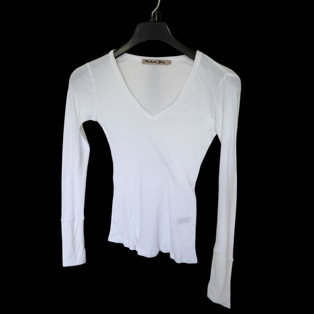 Michael Stars White Waffle Knit Thermal V-Neck‎ Long Sleeve Top TJ1475 Small